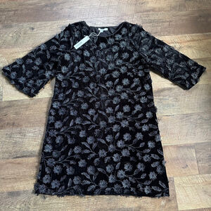 Women's Chico's Short Dress Velvet 3D Flower Black Size L